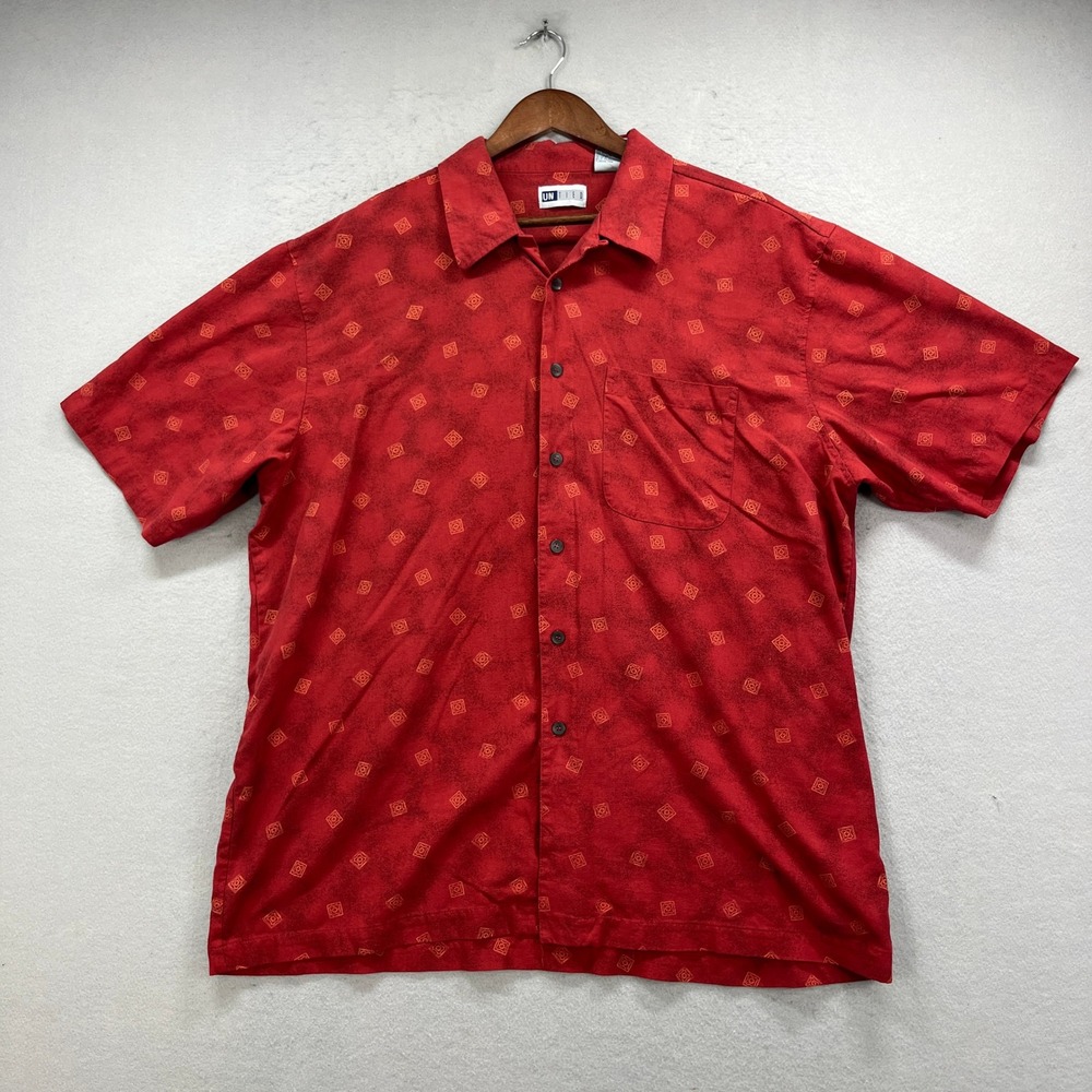 UNTIED Hawaiian Shirt Men XXL Red Silk Geometric Camp Loop Short Sleeve Tropical